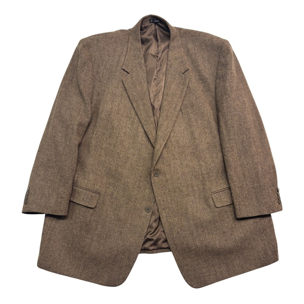 vtg Monsieur Adolfo 54L Brown Herringbone Tweed Blazer Jacket Sport Coat Wool